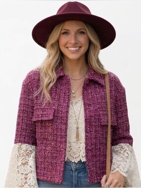 Rachel Zoe Pink Tweed Bouclé Cropped Zip Jacket Blazer S